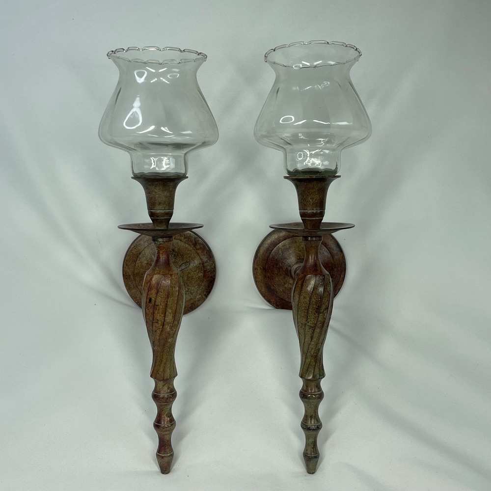Vintage Metal Wall Candle Sconces Pair Glass Votive Holders Rustic Gothic 14.5"